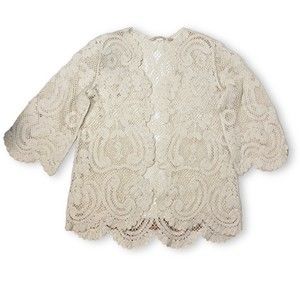 Soft Surroundings Sweater Cardigan Womens Sz L Ivory Crochet Open Boho